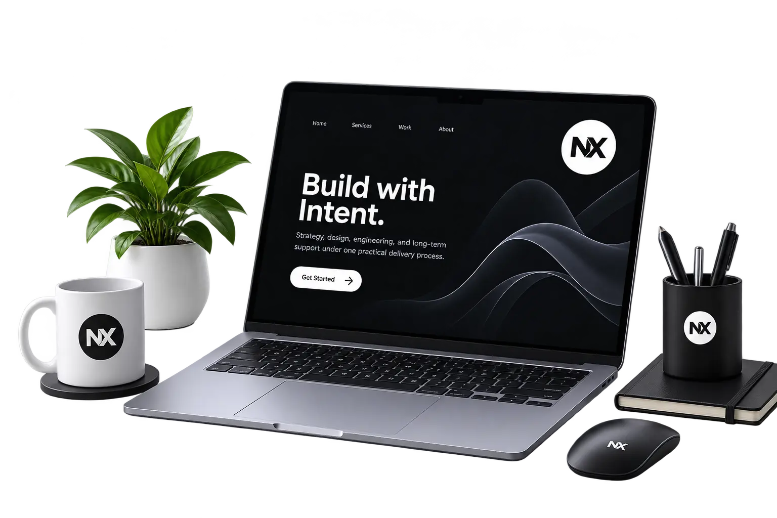 Nexa Solutions workspace with a laptop displaying a digital product