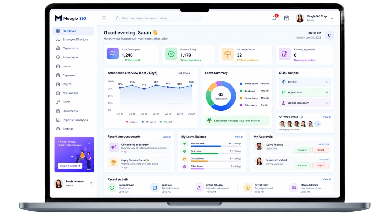 Meagle360 HRMS dashboard on a laptop