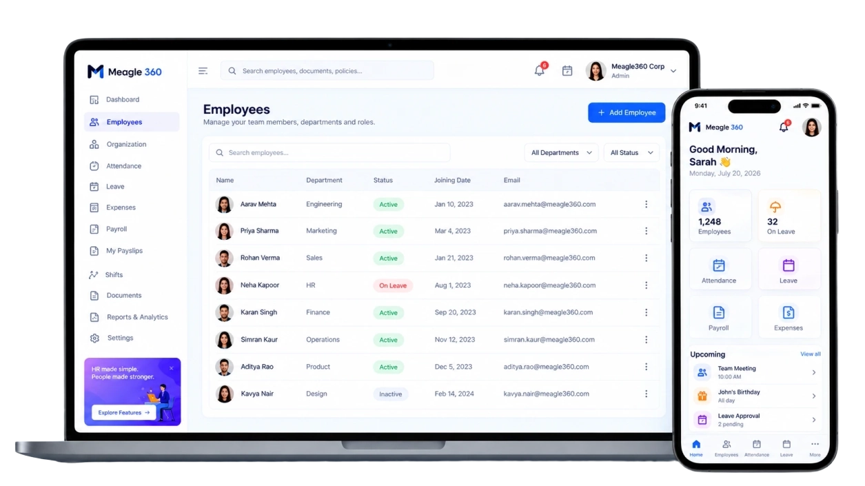 Meagle360 HRMS on desktop and mobile